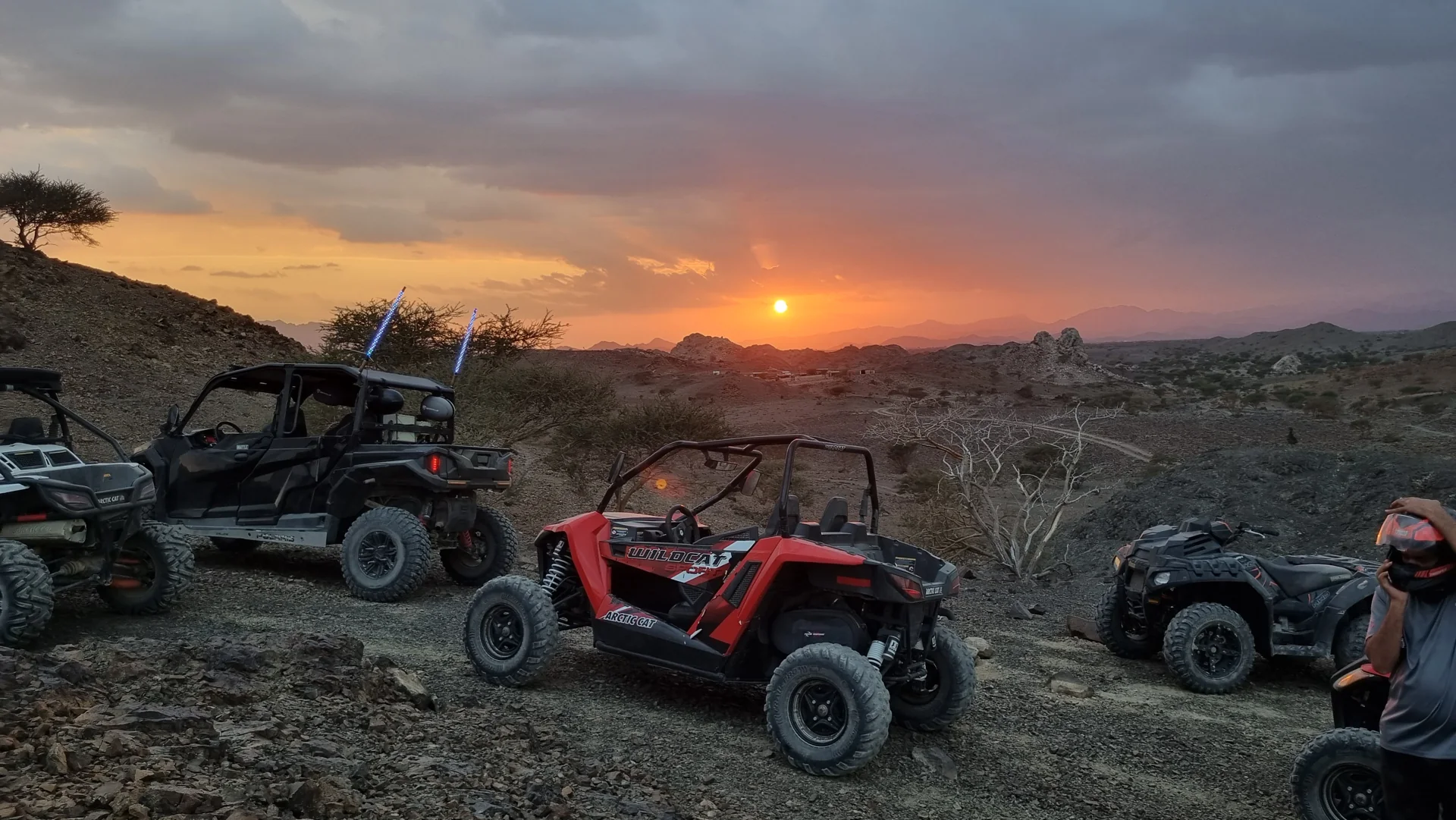 FOXATVs vehicles parked at a Wadi Al Rak sunset stop