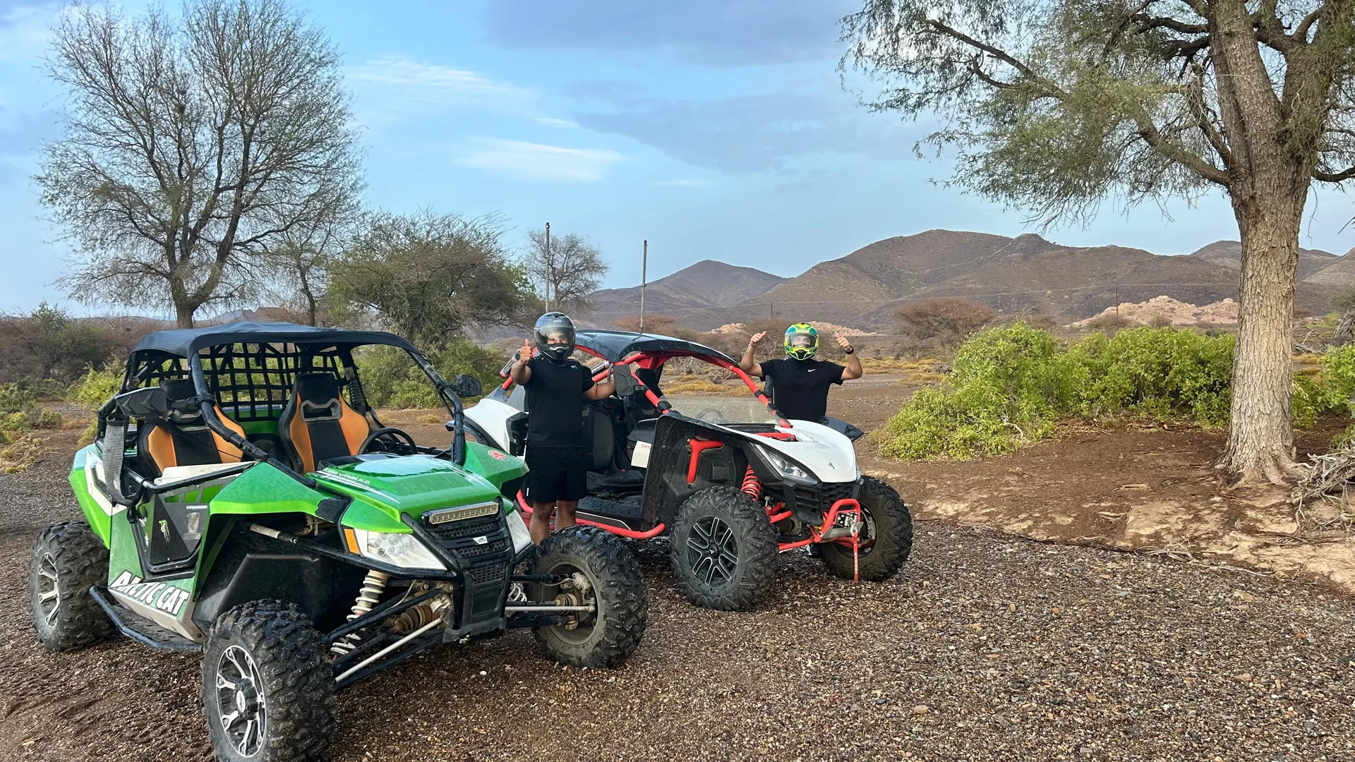 Two side-by-side vehicles parked beneath trees in Wadi Al Rak