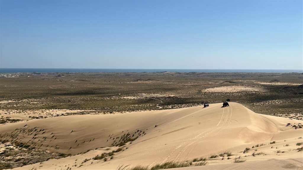 Des buggies FOXATVs descendent une dune de sable clair sur la côte d’Oman