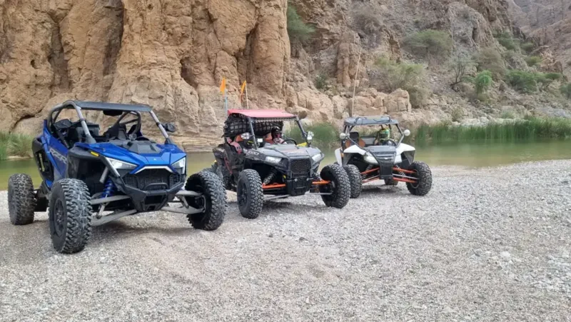 Three FOXATVs buggies beside a pool below rocky canyon walls